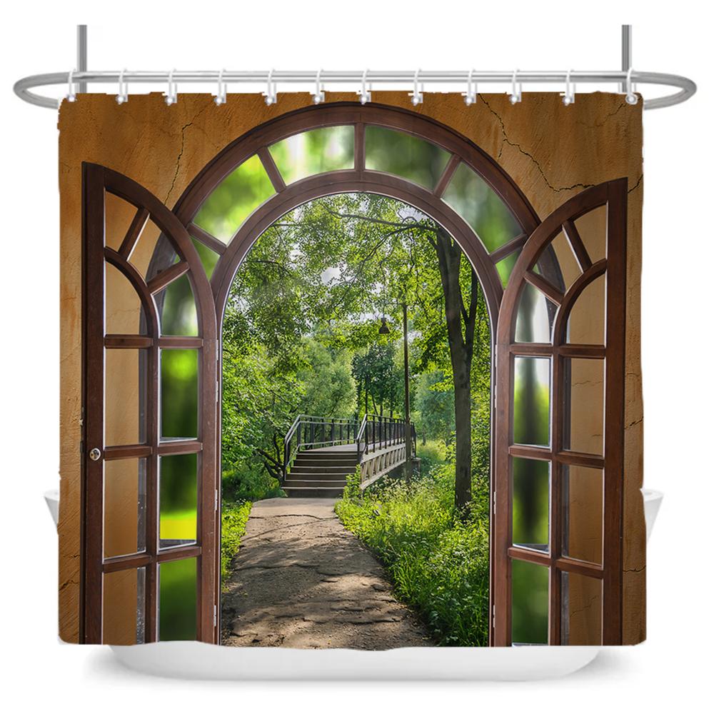 3D Forest Waterfall Landscape Bath Curtain Window Scenery Curtain Spring Nature Rainforest Shower Curtains for Bathroom Decor