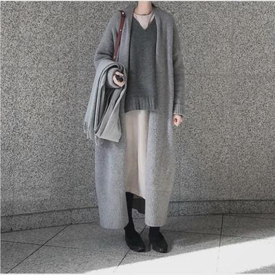 Korean Chic Mid-Length Knit Cardigan with Lace-Up Slit - Women's Autumn/Winter Sweater Coat