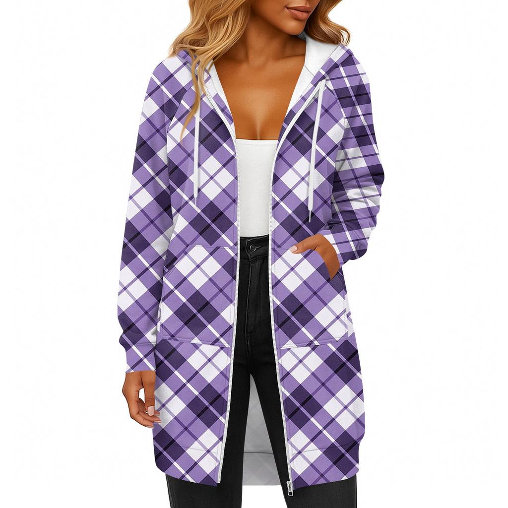Women's Fashionable Printed  Long Sleeved Drawstring Hooded Zipper Pocket Long Casual Sweatshirt Jacket