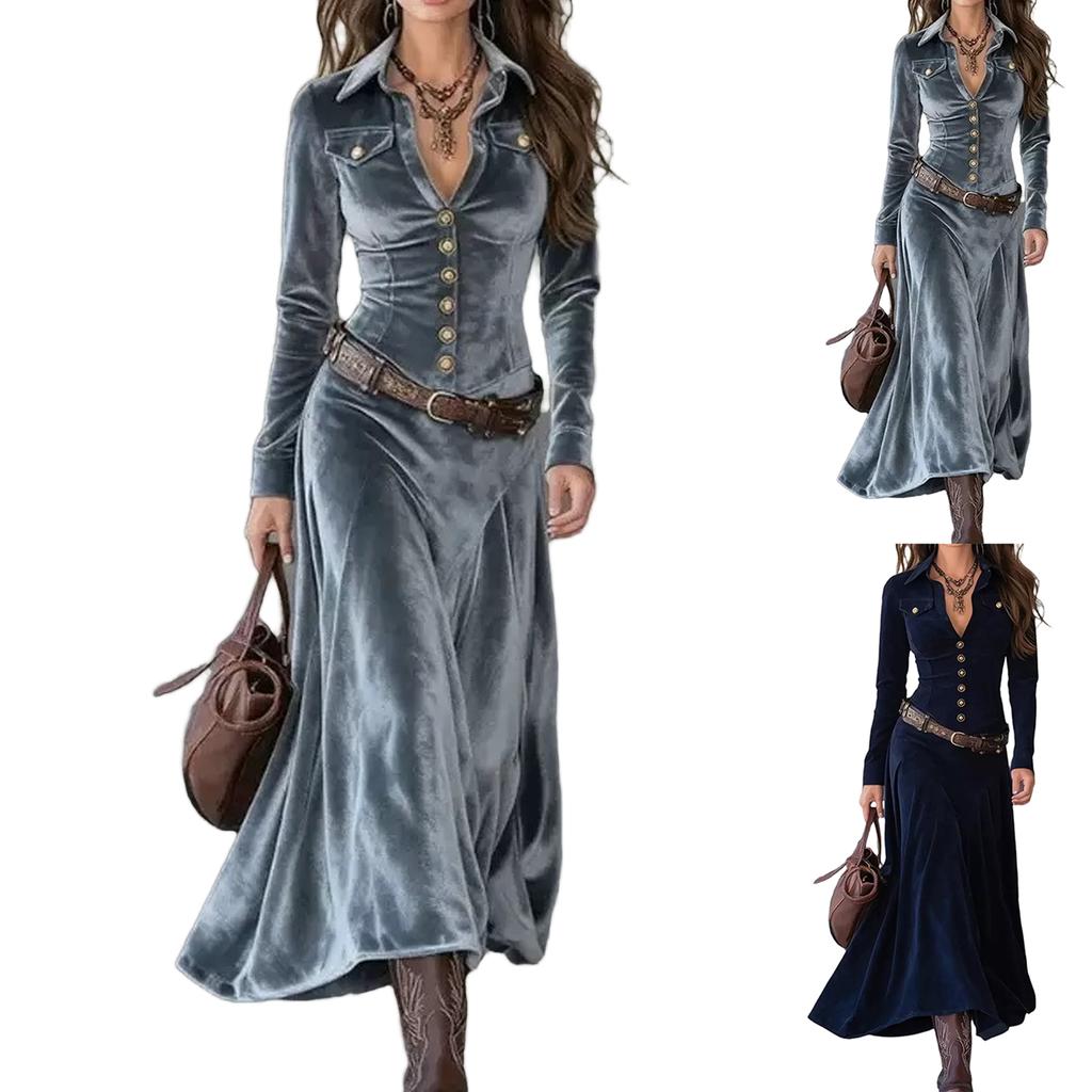 Women's Vintage Velvet Long Dress with Notched Lapel and Single-Breasted Waist-Cinching Design