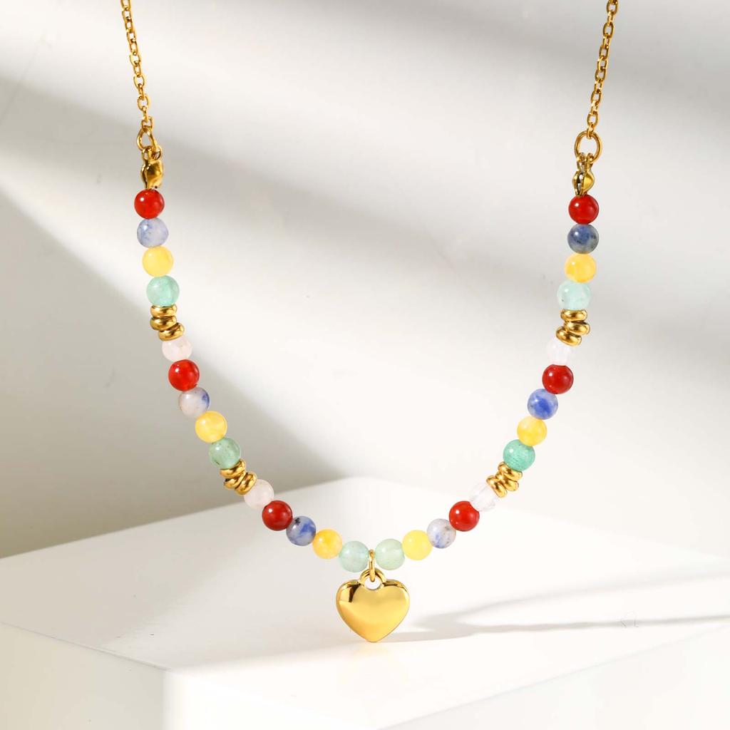 Stainless Steel Double-layer Blade Chain Necklace for Women,Gold Plated Colourful Bead Heart Pendant Necklaces,Set Jewelry Gift