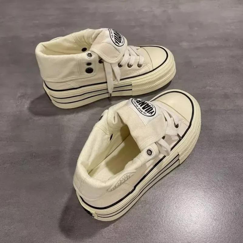 Women High Canvas Board Shoes Outer Flanged Sneakers Dual Purpose Short Boots Thick Outsole Height Increased Lace Up