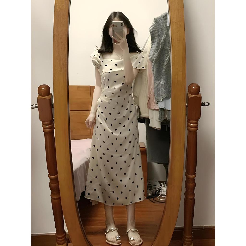Super Good-looking, Unique and Beautiful Skirt Women's Summer White Polka Dot Dress Temperament Casual and Thin