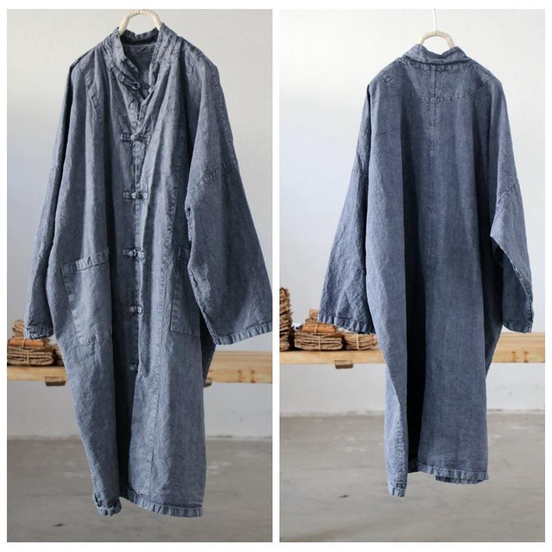 

Johnature Women Vintage Solid Color Loose Coats Stand Long Sleeve Button Autumn Pockets Chinese Style Coats One Size синий
