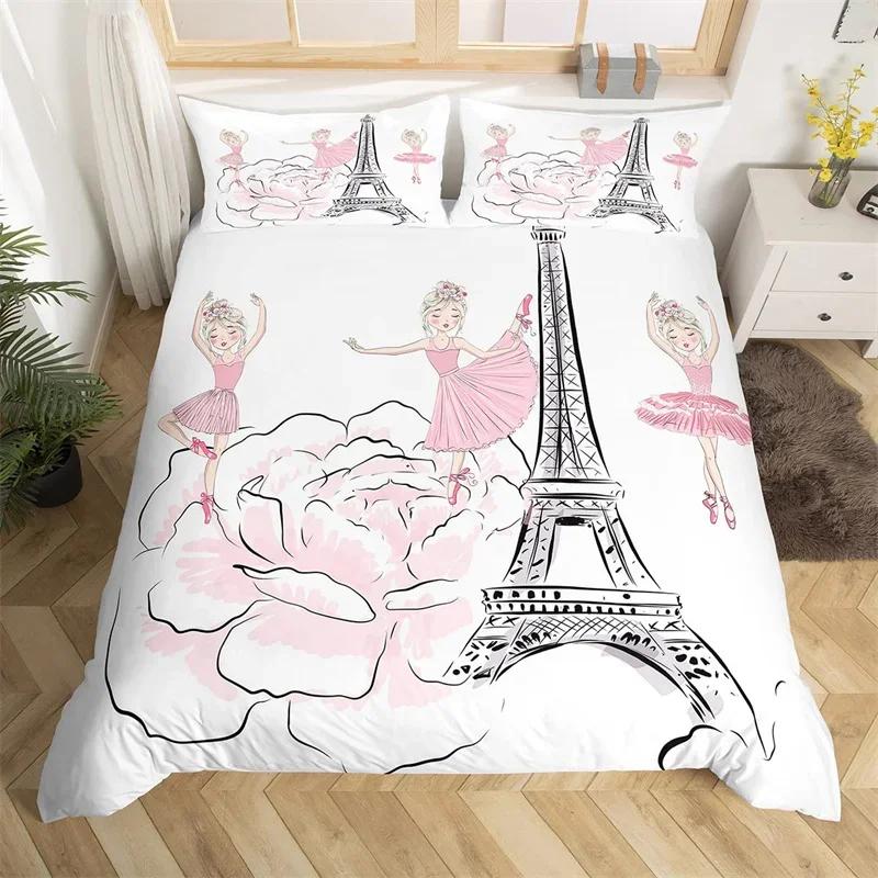 Eiffel Tower Duvet Cover Set Twin King Size Paris Tower Comforter Cover Microfiber Flower Butterfly Bedding Set For Girls Teens