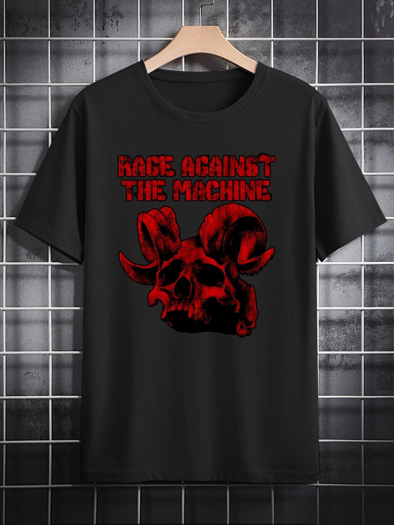 Casual Crew Neck T-shirt with RACE AGAINST THE MACHINE Print - Black XXXXL