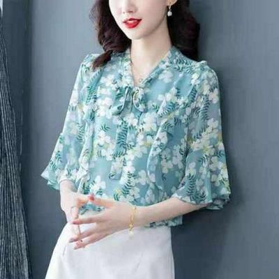 Blusa da donna in chiffon floreale con fiocco - Moda estate 2025, maniche a campana, elegante stile fatato.