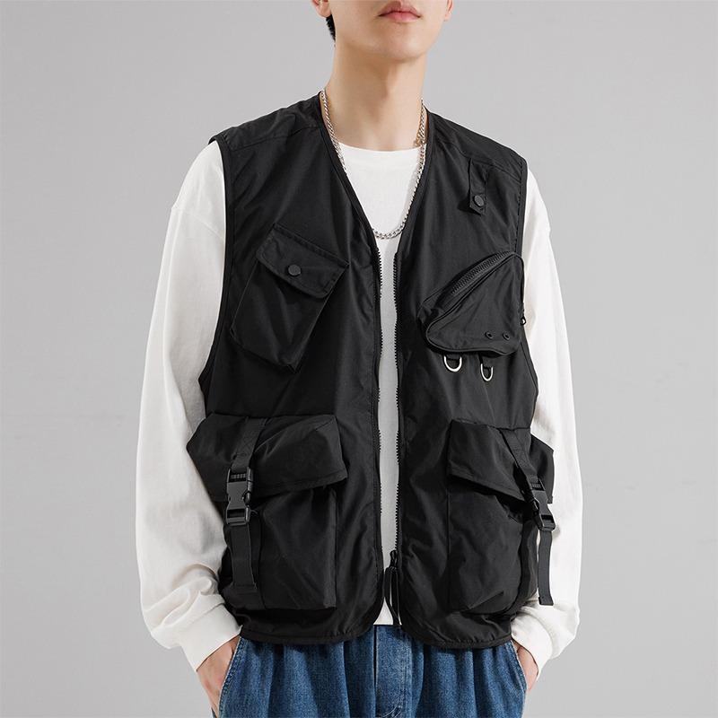 

Men s Multi-pocket Vest Sleeveless Solid Color Zipper Cardigan Fashionable Casual Loose Top L чёрный