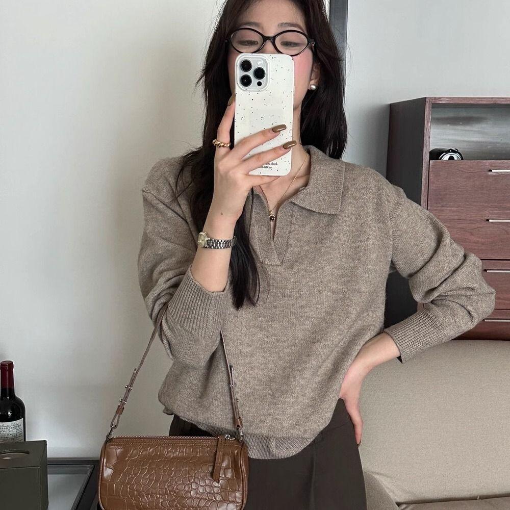 V-neck Sweater Loose and Laid-back Style Knitted Polo Shirt for Women In Autumn and Winter Long-sleeved Casual Pullover Warm Top