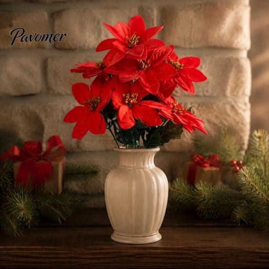 Vibrant Red Poinsettia Bunch for Home Artificial Flowers, Christmas Bouquet with Berries, Faux Silk Synthetic Flower Decoration Floral Stems
