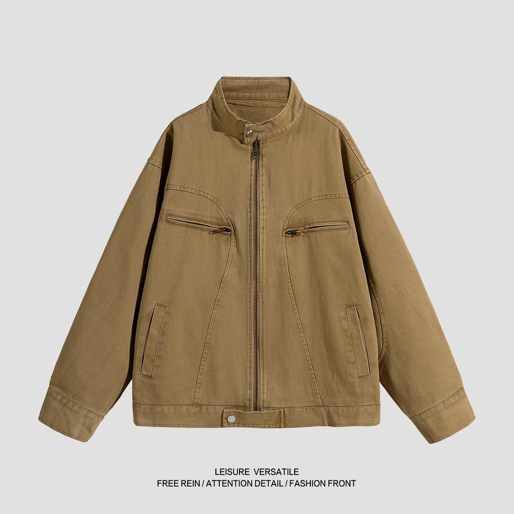 Pure Cotton Jacket for Men's New Casual Jacket American Washable Old Stand Collar Men's Spring and Autumn Clothing