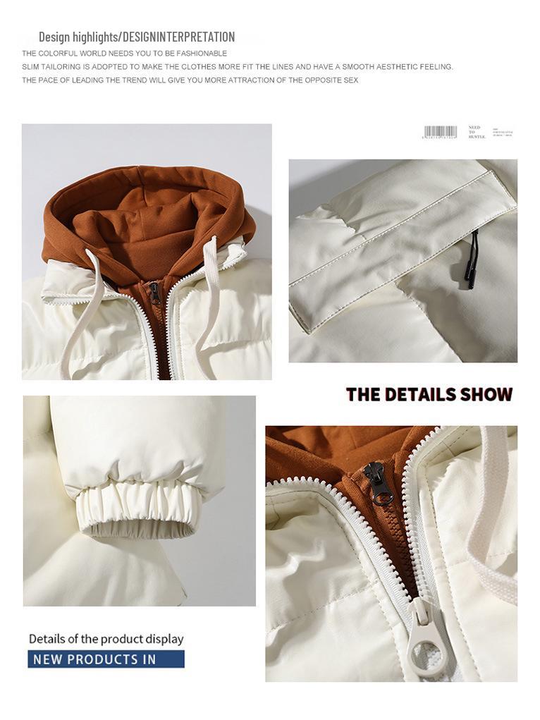 Herrjacka med europeisk-amerikansk lapptäcke och färgblock och avtagbar huva - Höst-/vinterkläder för utomhusbruk