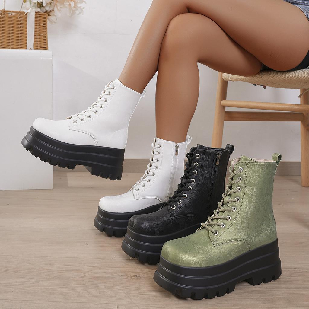 Fashion Printed Gothic Chunky Platform Motorcycle Boots New Autumn Winter Shoes Punk Thick Bottom Fashion Lace Up Ankle Boots Large Size