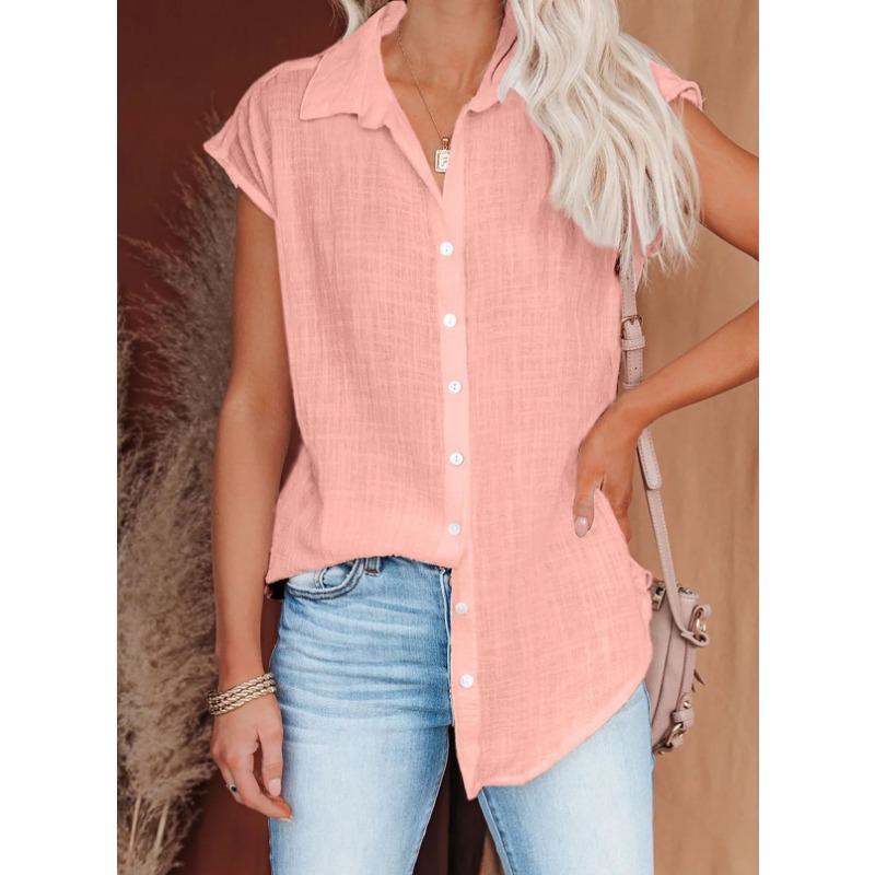 Women Cotton Shirts Vintage Solid Color Short Sleeve Button Harajuku Loose Blouses and Tops Casual Ladies Tunic Oversize T-Shirt