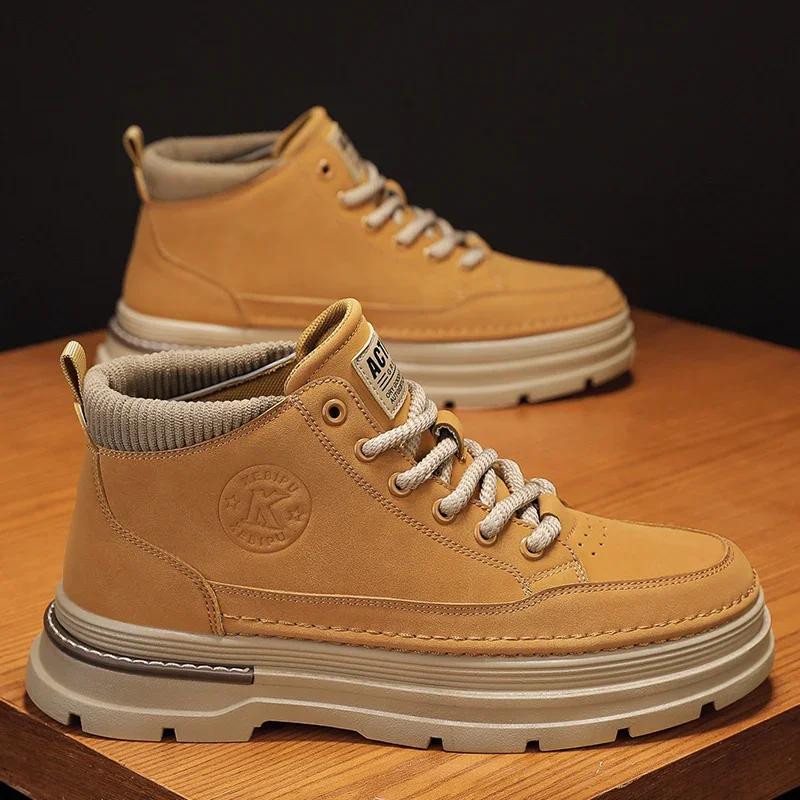 

Осінній тренд, гарячий товар, товста підошва, повсякденне робоче взуття середнього зросту, модне чоловіче зносостійке взуття на шнурівці великого розміру 44 жовтий