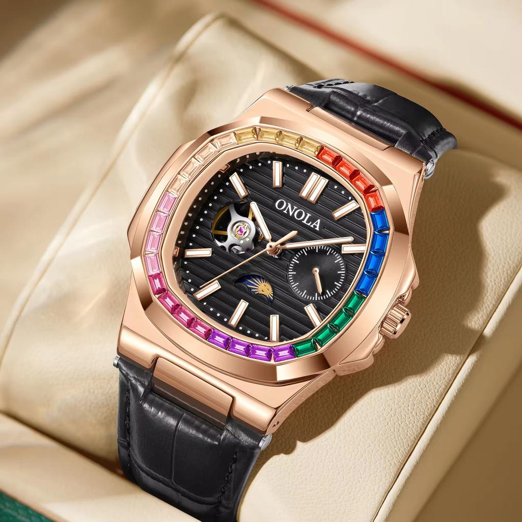 ONOLA 3855CH Luxury Watch Luminous Hands Charm Men's Mechanical Cheap Price Fashion Leather Band Automatic Male Watches
