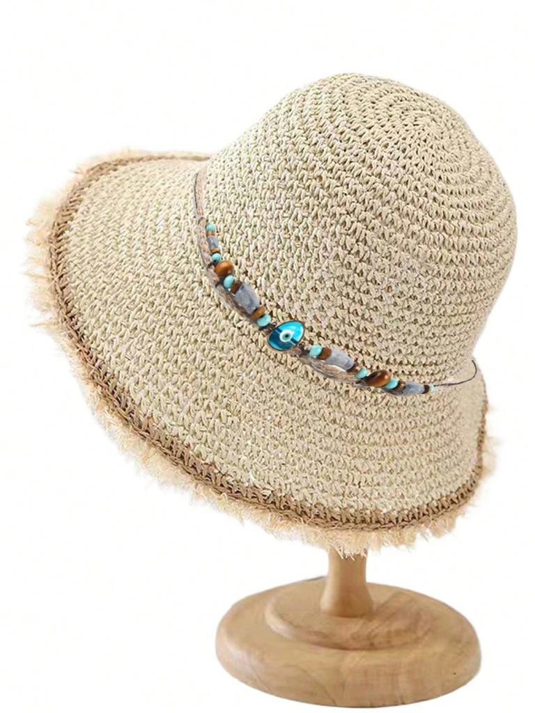 Crochet Straw Hat for Women Summer Handmade Hollow Out Panama Raffia Paper Tassel Edge Beach Hats UV Protect Foldable Sun Visor