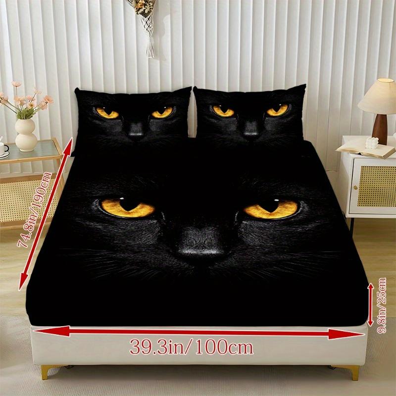 1pc Fitted Sheet Black Cat Printed 100% Polyester Breathable Bedding Set for Home Bedroom Decor Without Pillowcase