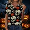 Women's Casual Print V-Neck Short Sleeve T-Shirt with Decorative Buttons
