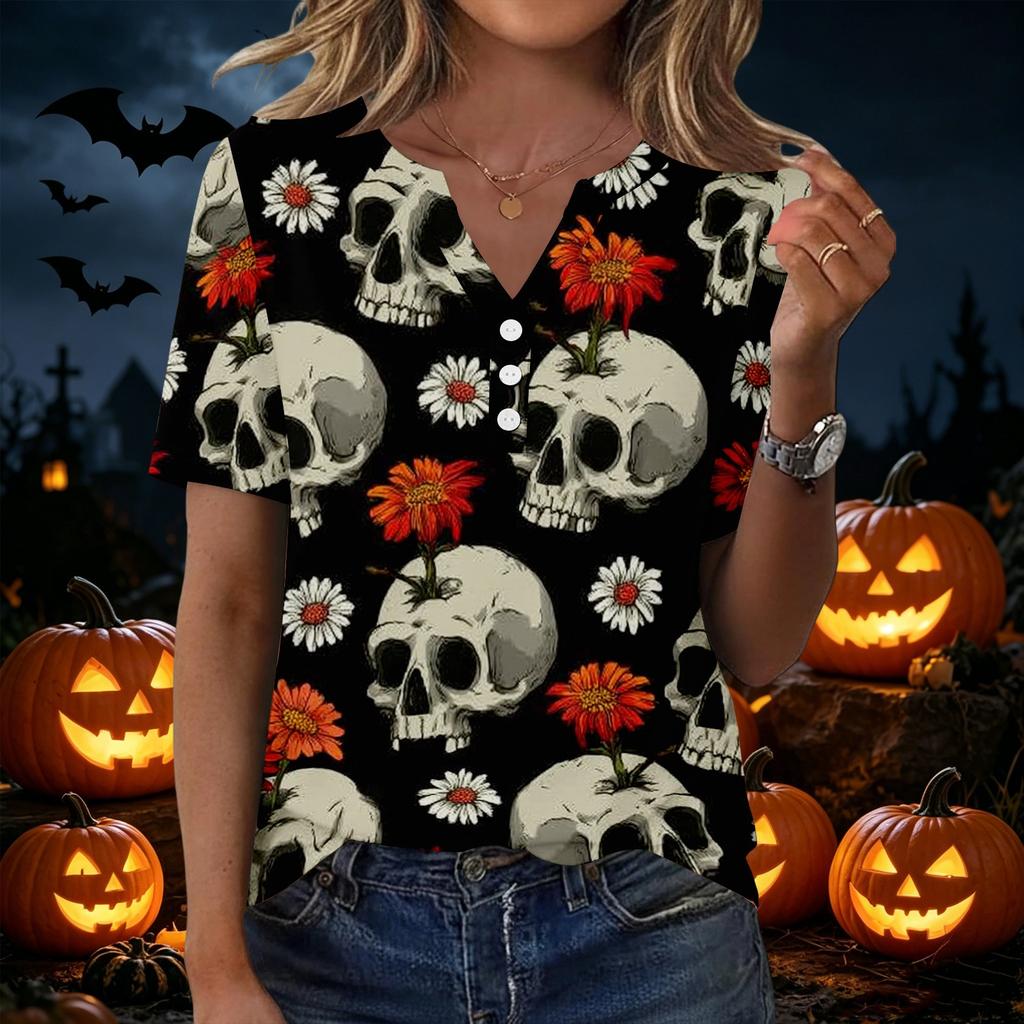 Women's Casual Print V-Neck Short Sleeve T-Shirt with Decorative Buttons