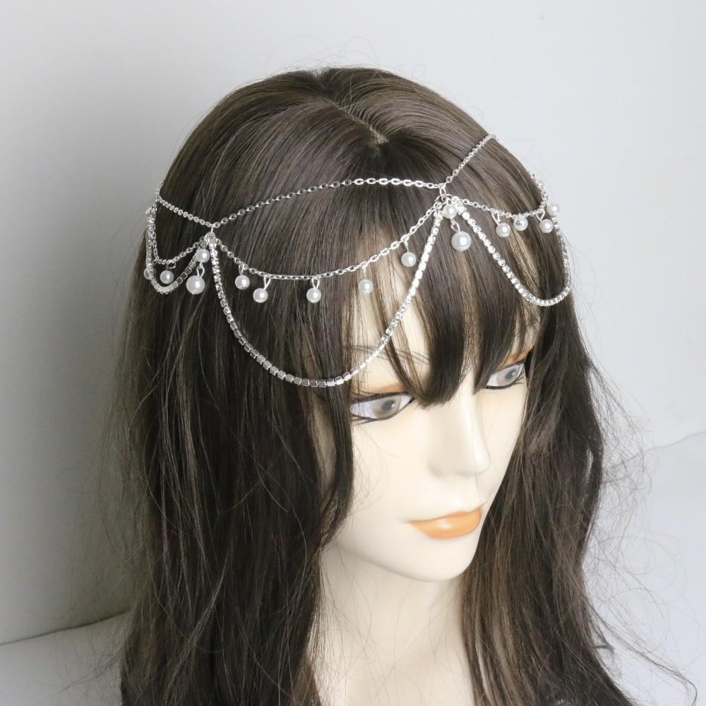 Full Rhinestone Head Chain Headpiece Pearls Tassel Crystal Meshes Headbands  Hair Accessories