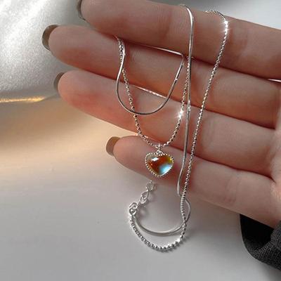 Trendy Elegant Moonstone Heart Pendant Necklace Silver Color Clavicle Chain