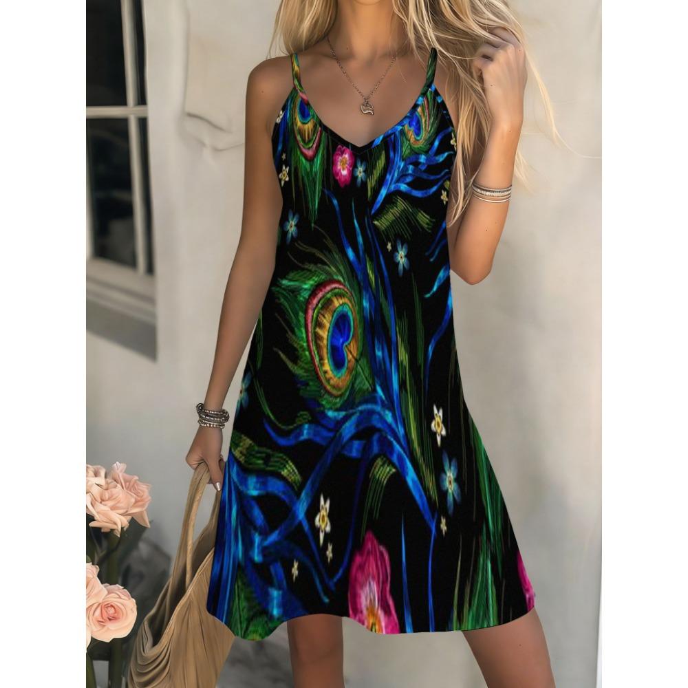 Robe midi décontractée style bohème pour femme, été, col en V plongeant, bretelles fines
