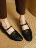 Vintage Round Head Medium Heel Single Shoes Women's Fashion One-word Buckle with Camellia Soft Sole Thick Heel Mary Jane Women's Shoes Small Leath