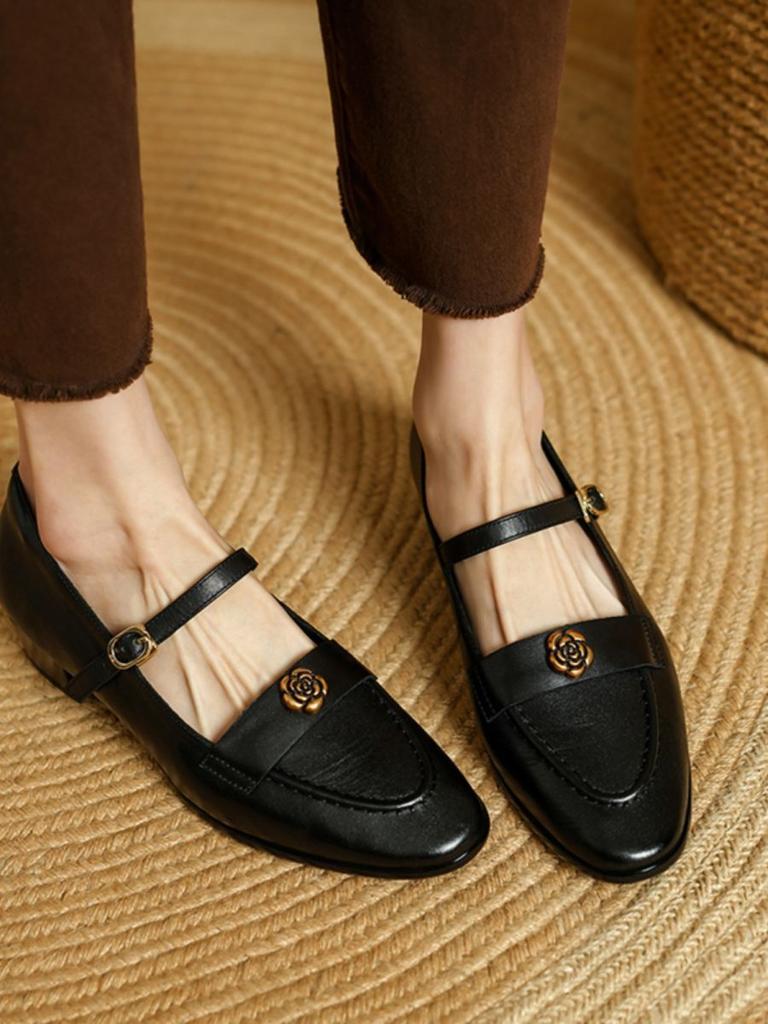 Vintage Round Head Medium Heel Single Shoes Women's Fashion One-word Buckle with Camellia Soft Sole Thick Heel Mary Jane Women's Shoes Small Leath