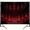 2D Dark Fantasy Cathedral Tapestry, Red Stained Glass & Candles Wall Hanging