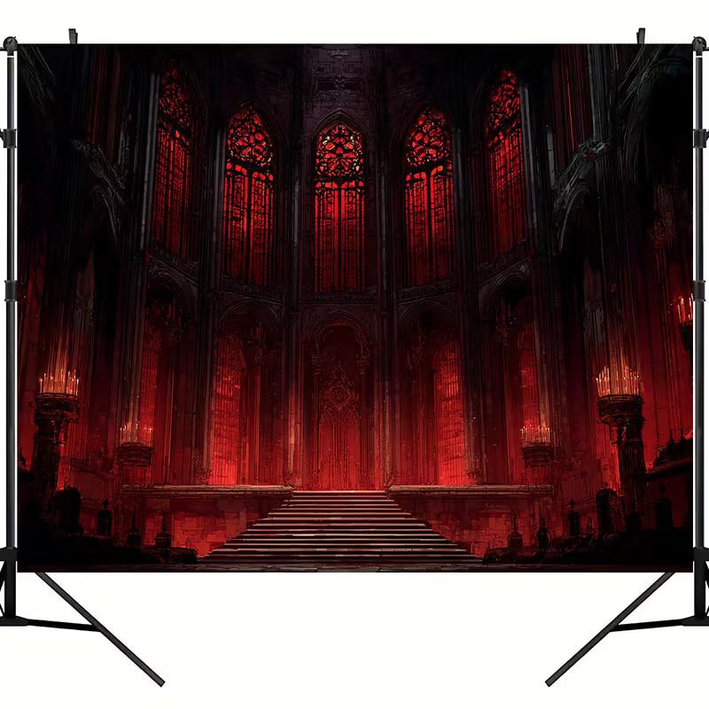 2D Dark Fantasy Cathedral Tapestry, Red Stained Glass & Candles Wall Hanging