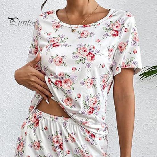2 Pcs/Set Women Pajamas Set Short Sleeve O Neck Flower Print T-shirt Elastic Waist Short Pants Homewear Top Shorts Set Lady Summer Sleepwear