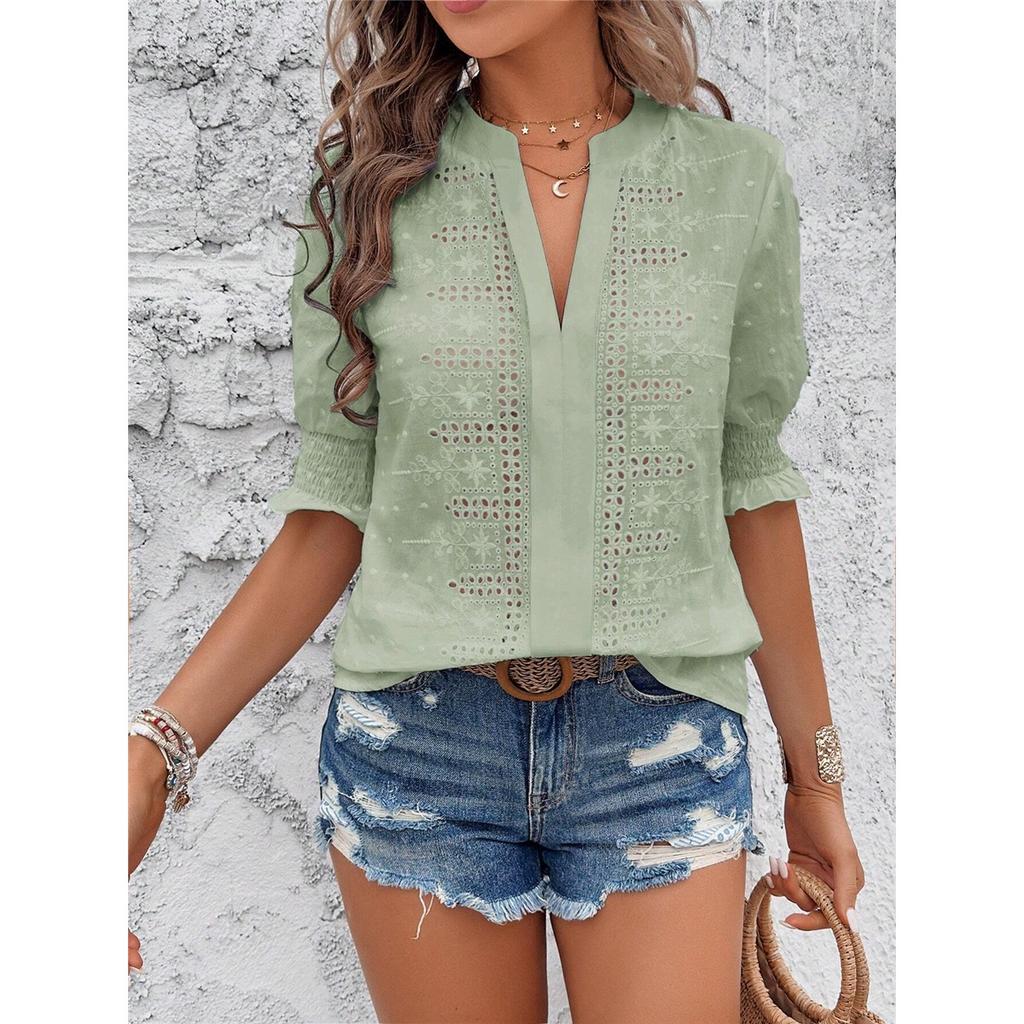 Women's Summer T-shirt Solid Color V-neck Puff Sleeve Hollow T-shirt