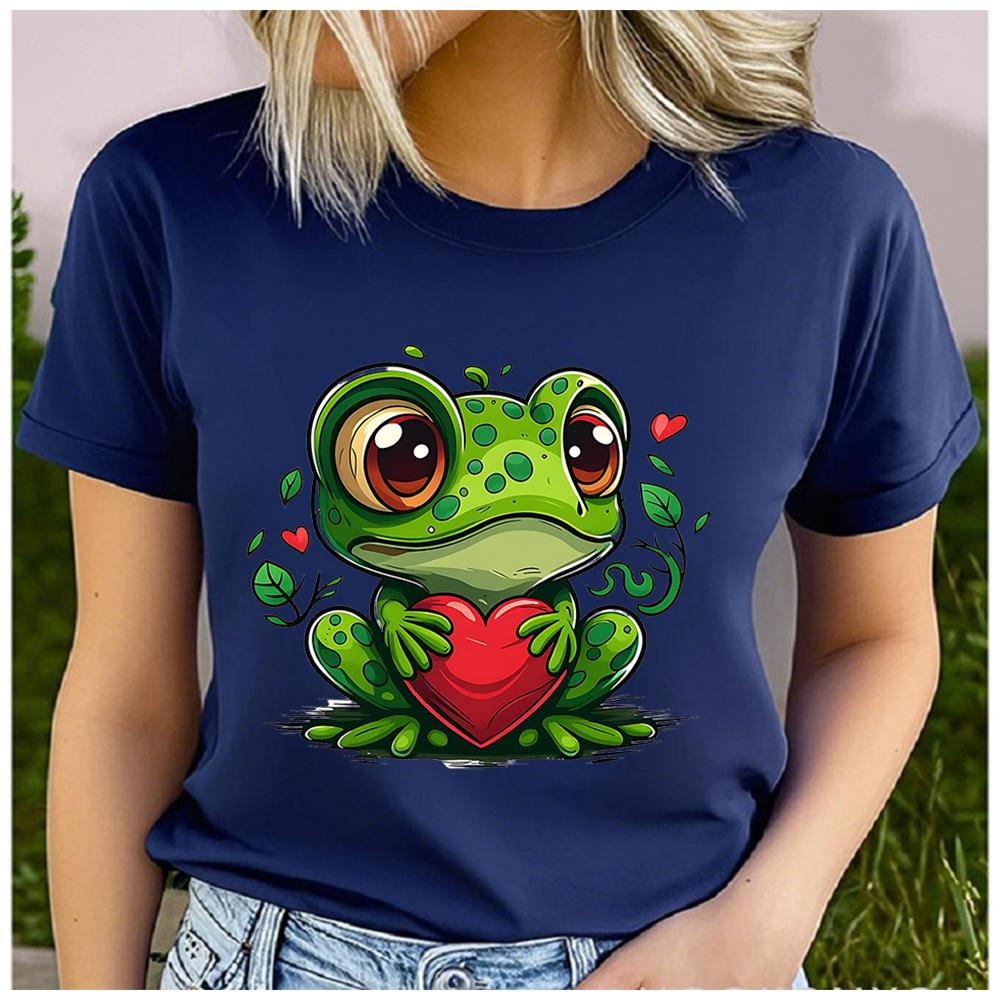 Unisex 100% Polyester Summer Top Cartoon heart-shaped frog Print Loose round Neck Short Sleeve Fashion for Lovers