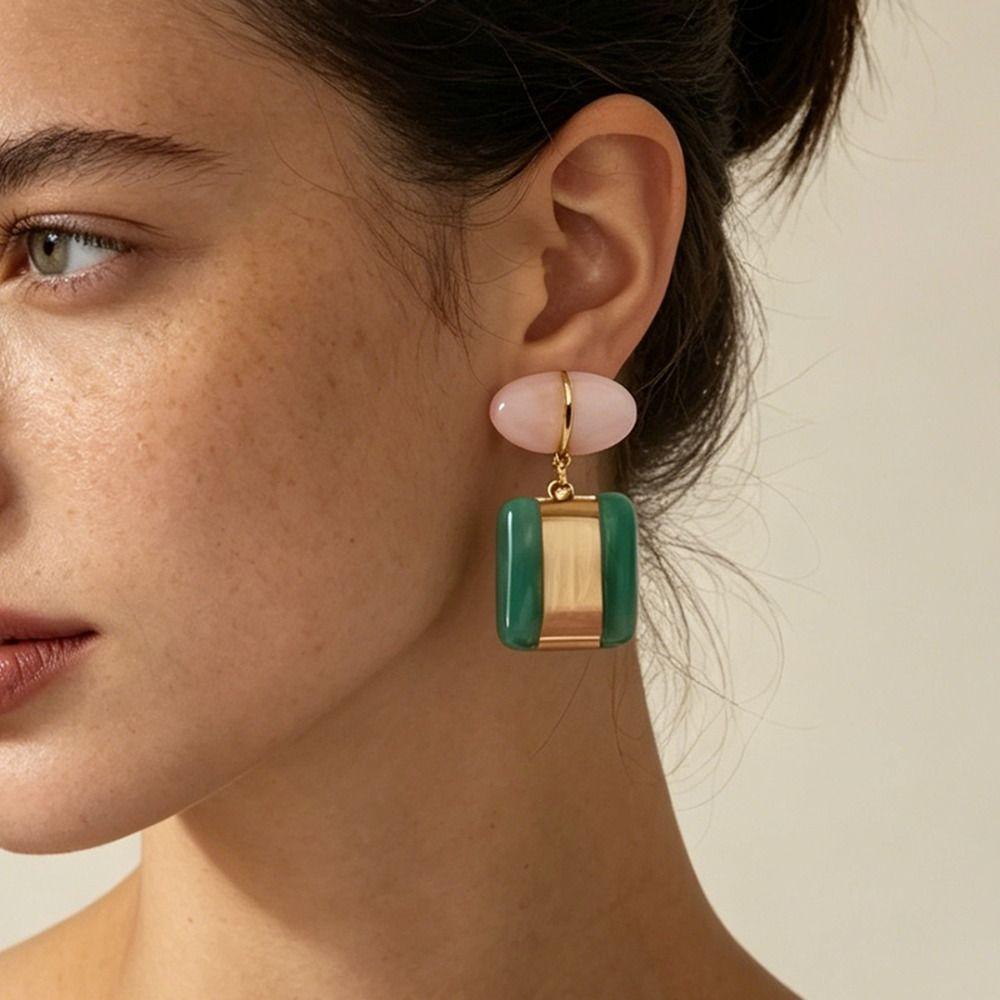 Creative Geometric Square Dangle Earrings Charm Color-block Vintage Stud Earrings Alloy Resin Bohemian Dangle Earring Beach