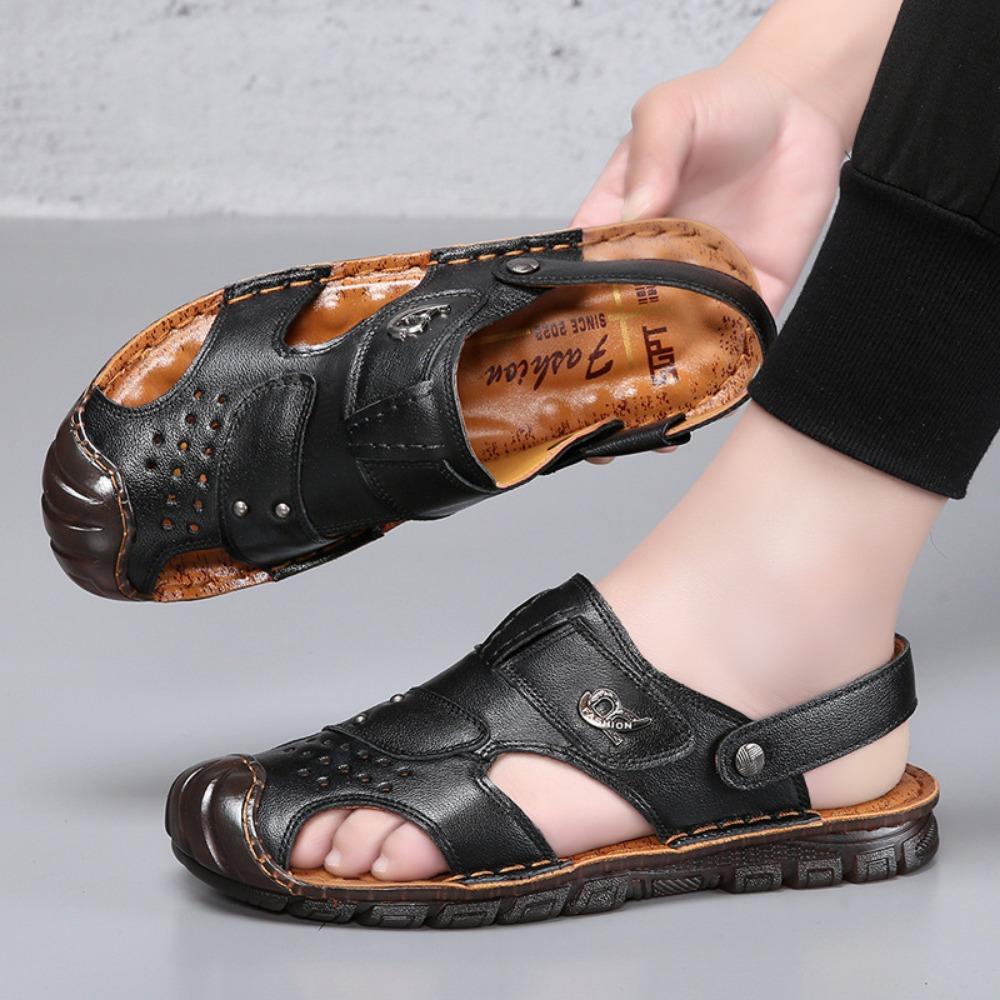 Men's Genuine Leather Sandals Summer Outdoor Breathable Open Toe Casual Beach Shoes Trendy Hollow Design