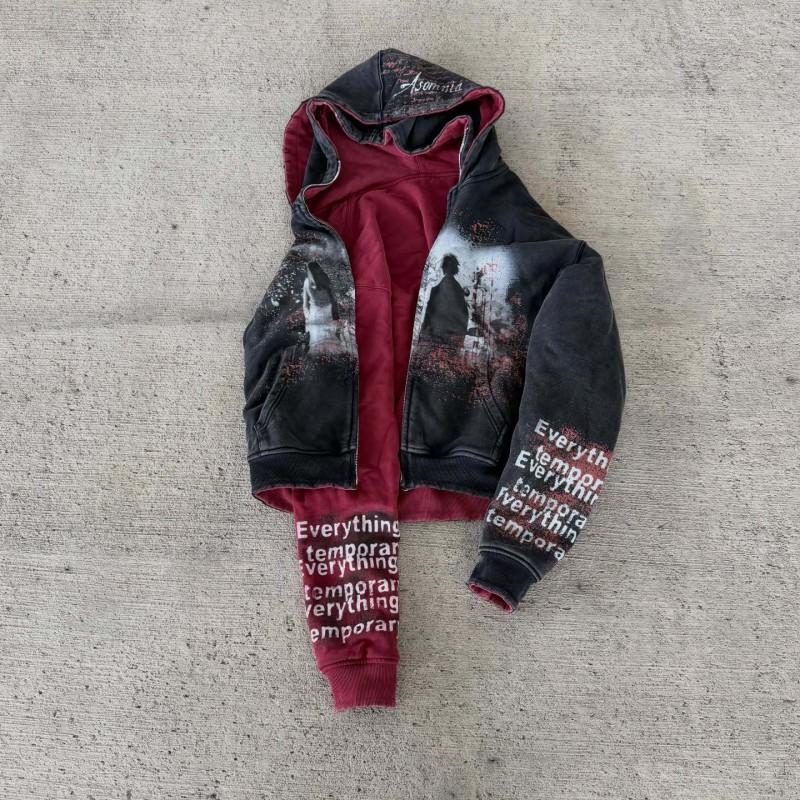 Unisex Gothic Streetwear Hoodie With Dark Portrait Print Zip-Up Reversible Design Winter Casual Sweatshirt