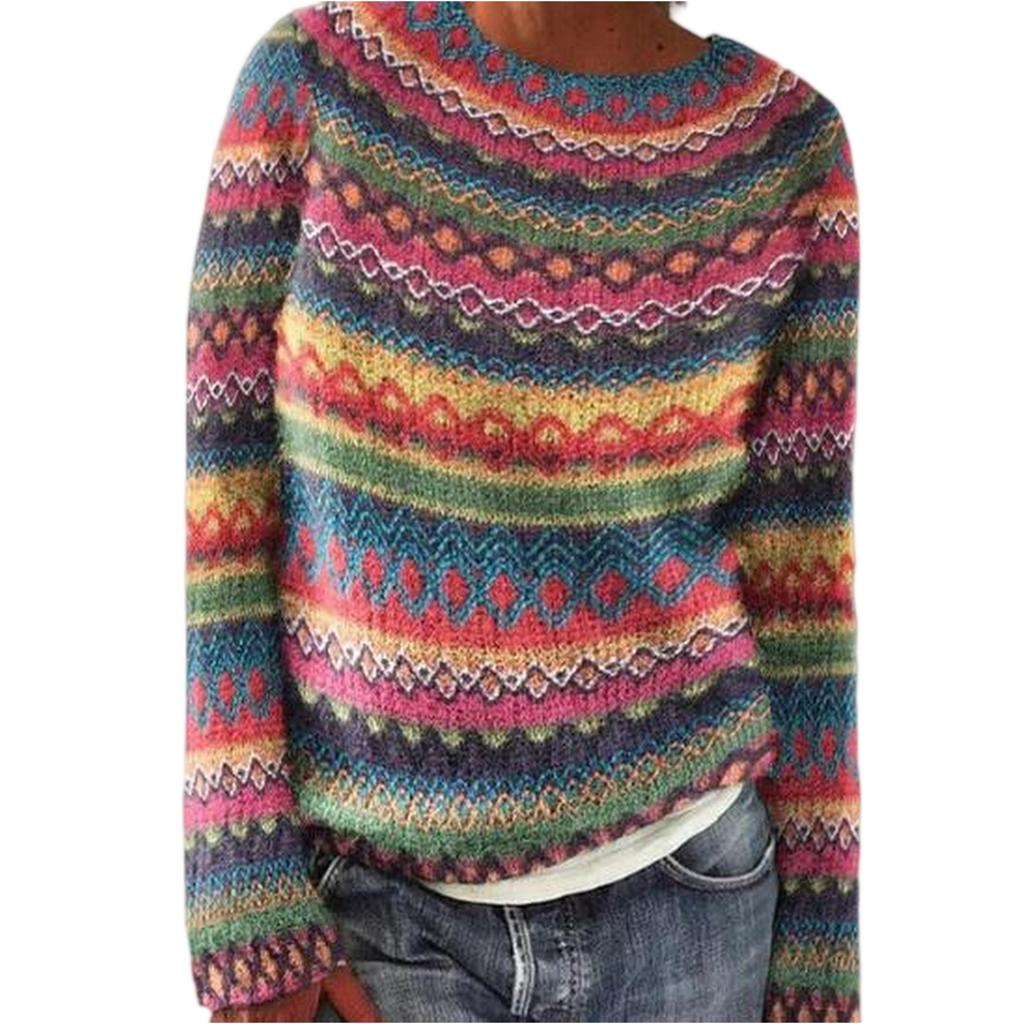 Ladies' Fashion Sweater, Round Neck, Color-block, Loose Pullover Long-sleeved Knitted Shirt Top