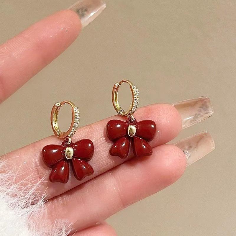 Fashion Atmospheric Red Velvet Bow Earrings Femininity Sweet Flower Long Fringed Versatile Earrings