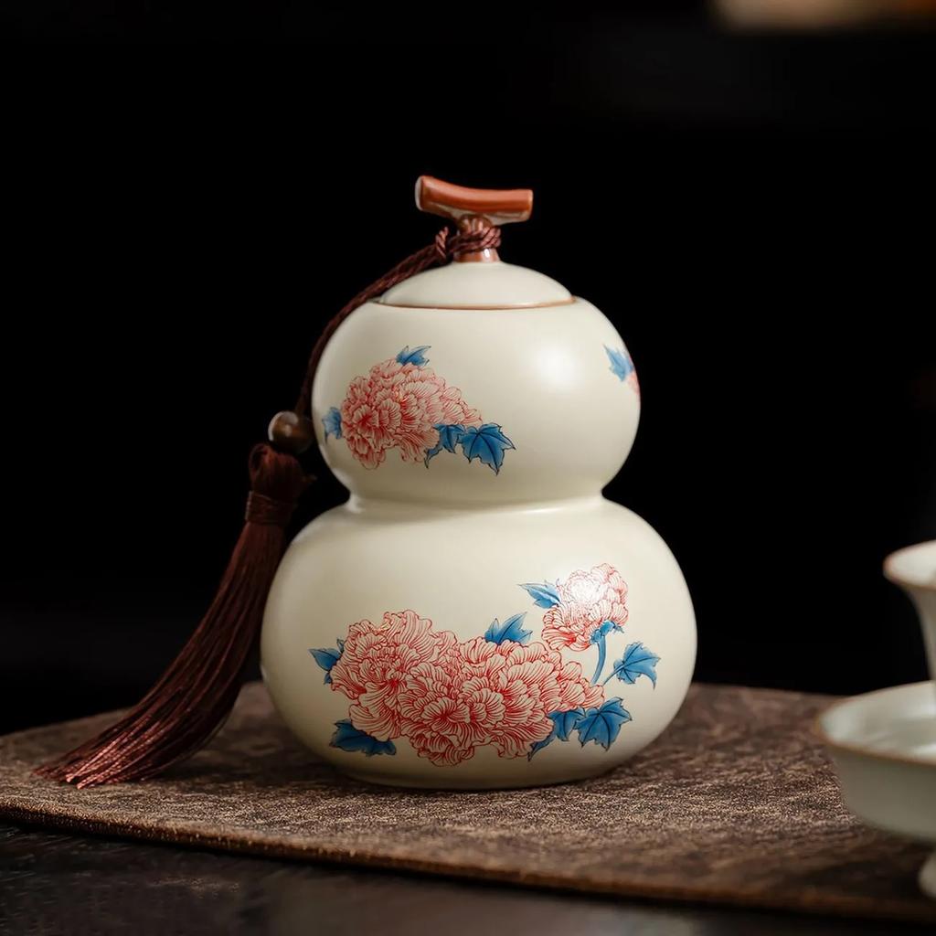 Chinesischer Stil Ru-Ofen Keramik Teedose, Kürbisformiges Vintage Teelagerglas mit Quasten-Dekor