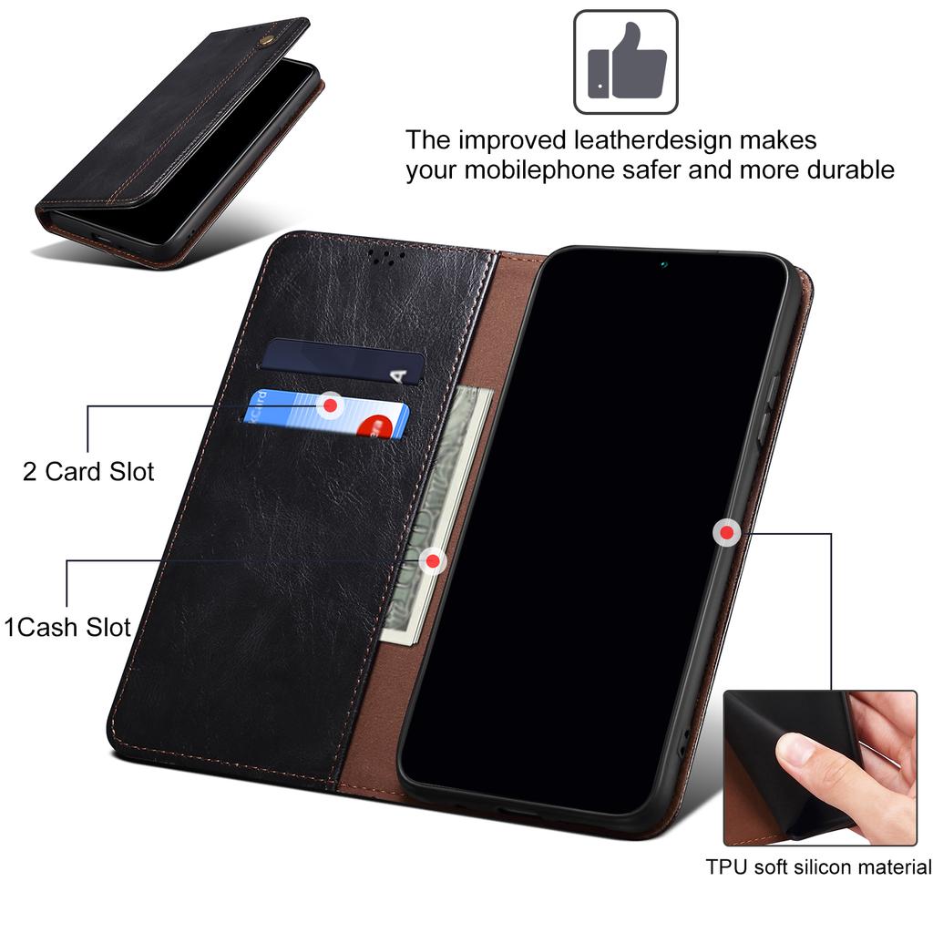 For iPhone 16 Case Crazy Horse Texture Waxy Leather Wallet Stand Cover