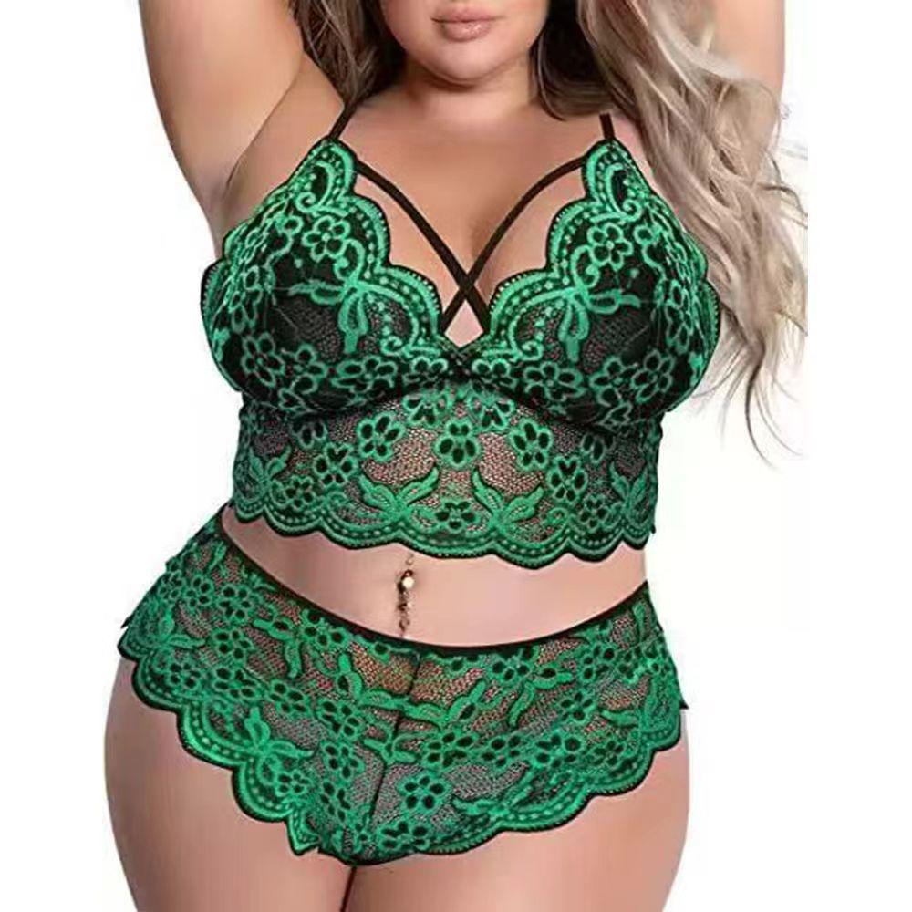 US Plus Size Damen Farbblock-Spitzen-Camisole & Höschen-Set - Sexy Zweiteilige Homewear XXXXL grün