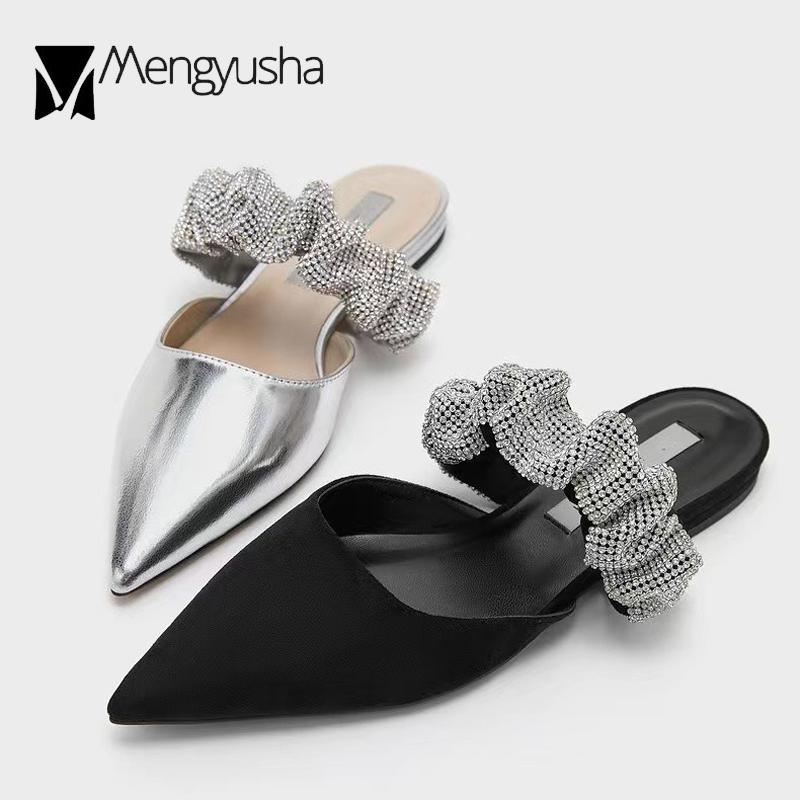 Fashion Crystal Ruffles Band Slippers Woman Trendy 2024 Sandals Flats Heels Pointed Toe Mules Ladies Shoes Cozy Slides Silver Flipflops