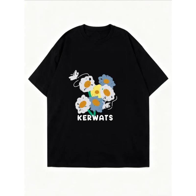White Oversized T Shirt With Floral Print And Kerwats Text For Casual Wear