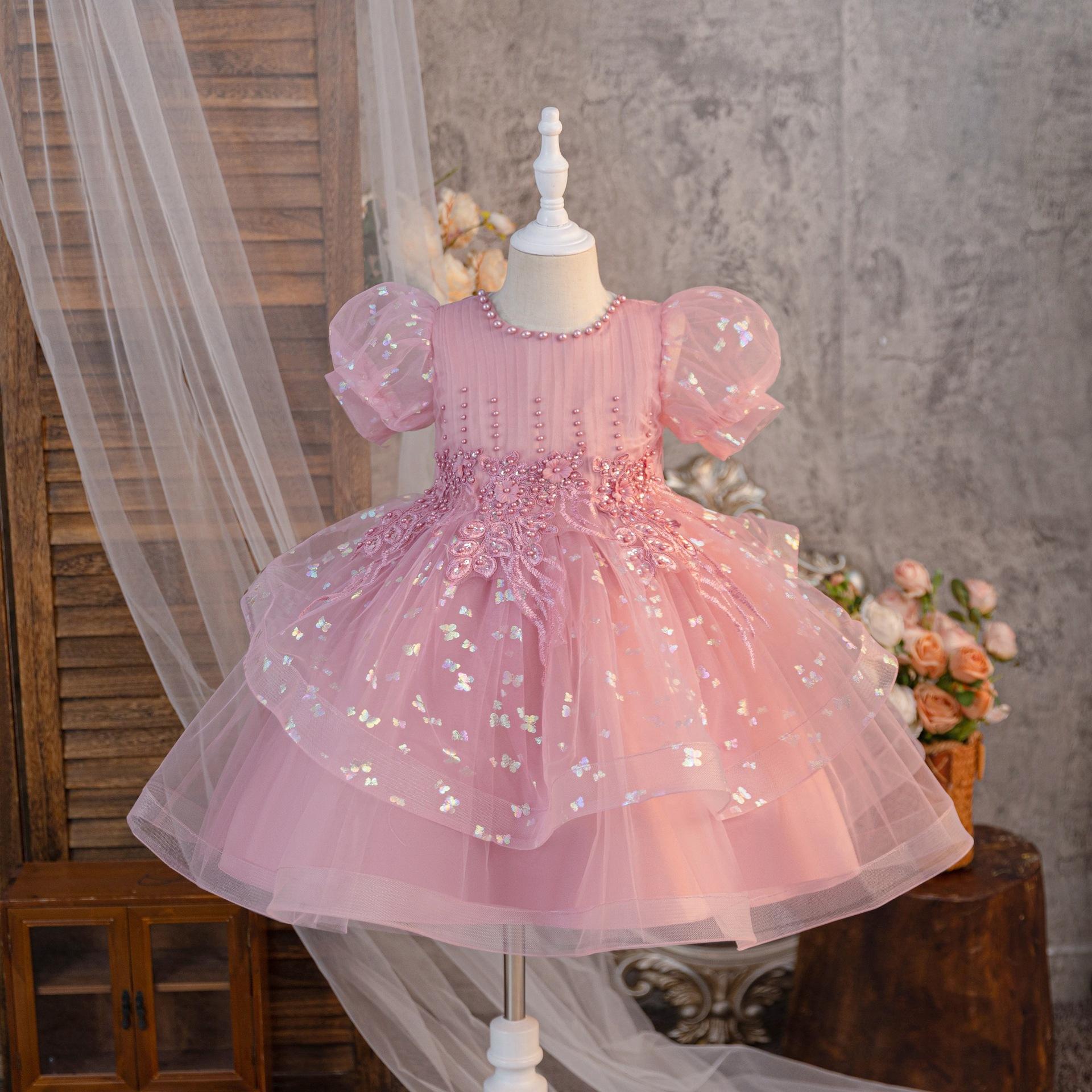 

Новое платье принцессы с жемчужной аппликацией, круглым вырезом, рукавами-пузырями, из сетки с пайетками, для девочек, на день рождения, свадьбу, платье для девочки-цветочницы 140 розовый