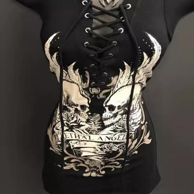 Women's Fashion Skull Printed Tie Rope T-shirt
