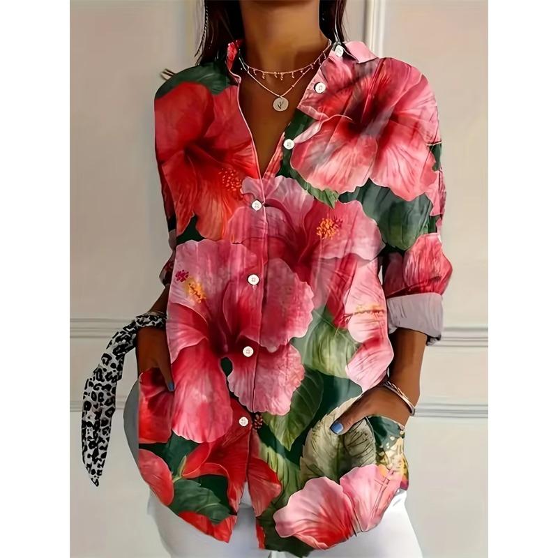 Mode Dames Zomer Revers Knopen Down Shirt 3D Gezicht Print Lange Mouwen Shirt Casual Grote Maat Outdoor Strand Bloemen Shirt