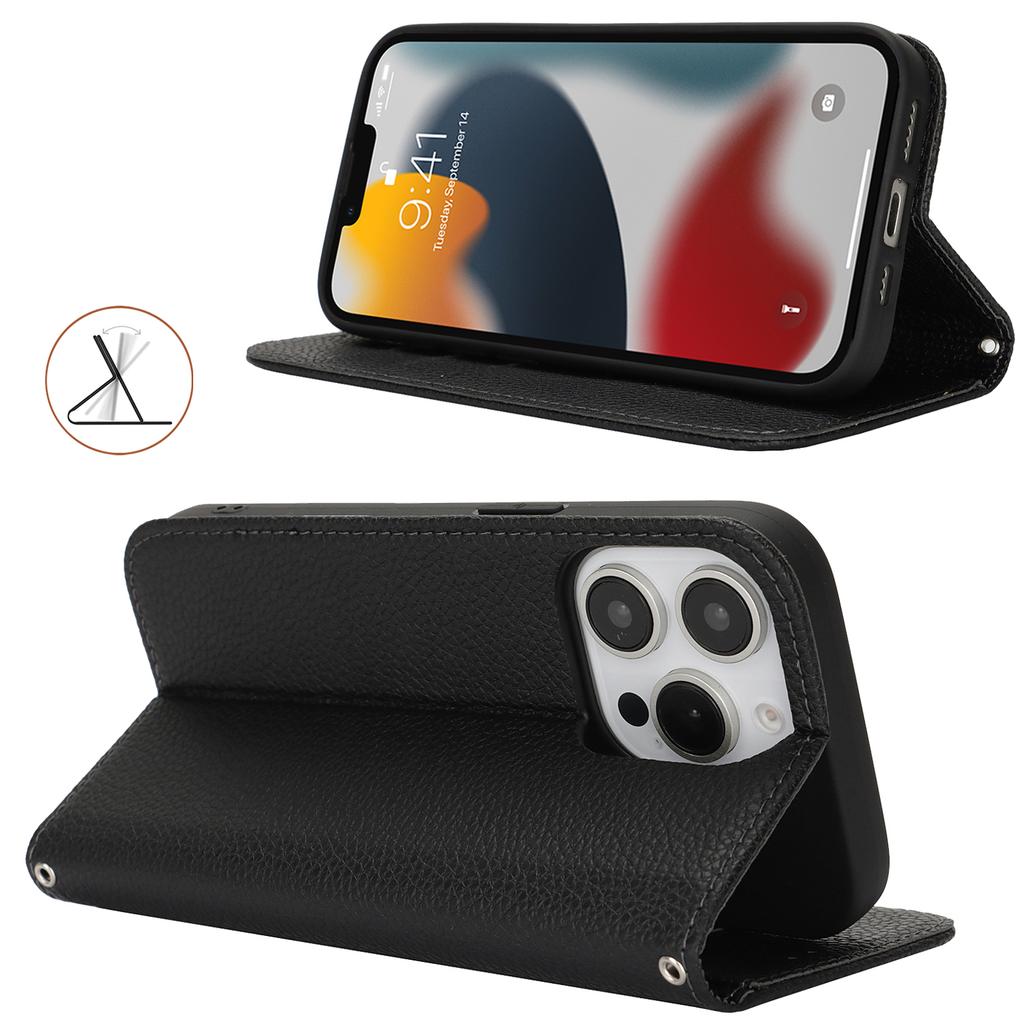 Pouzdro s podstavcem pro iPhone 13 Pro Max/12 Pro Max Kožený vyklápěcí kryt na telefon s texturou litchi se šňůrkou/peněženkou