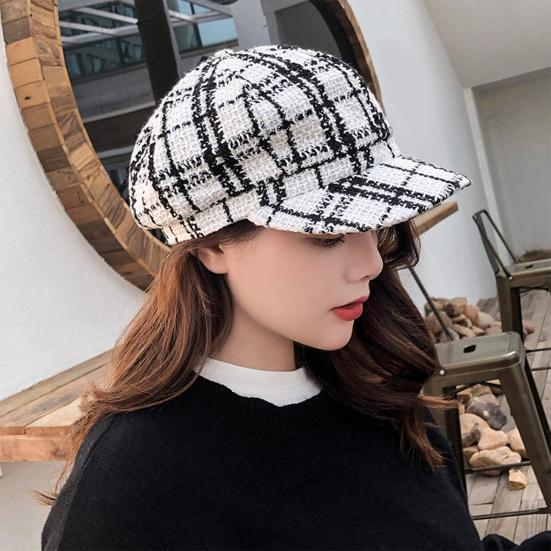 Vintage Men Women Autumn Winter Plaid Warm Beret Hat Wide Brim Octagonal Cap