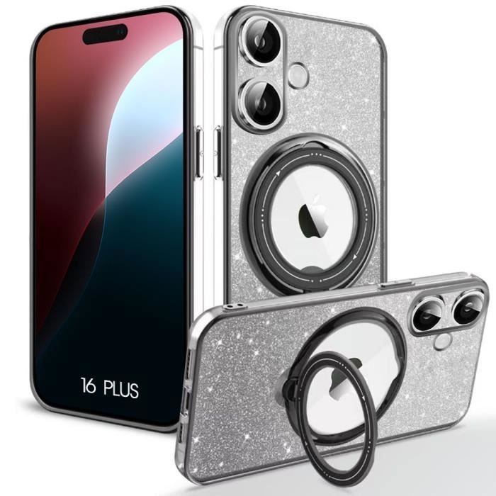 Coque de protection - BOOLING - pour iPhone 16 Plus - Silicone - Support rotatif - Scintillant